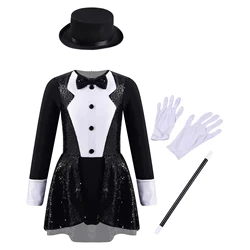 iEFiEL Kids Girls Magician Costume Halloween Cosplay Party Outfit Long Sleeve Leotard Dress with Hat Magic Wand Gloves Set