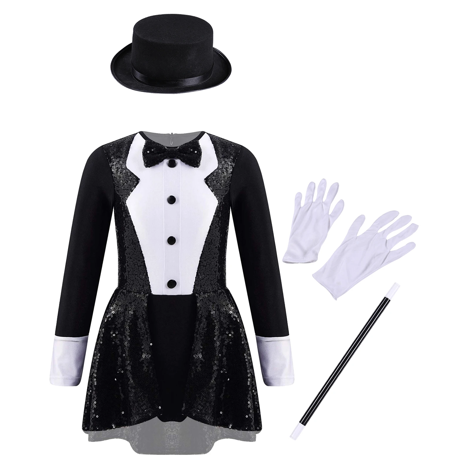 Kids Magician Cosplay Dress Up Circus Costume Sequin Leotard with Hat Magic Wand Gloves Set Halloween Party Carnival Outfit