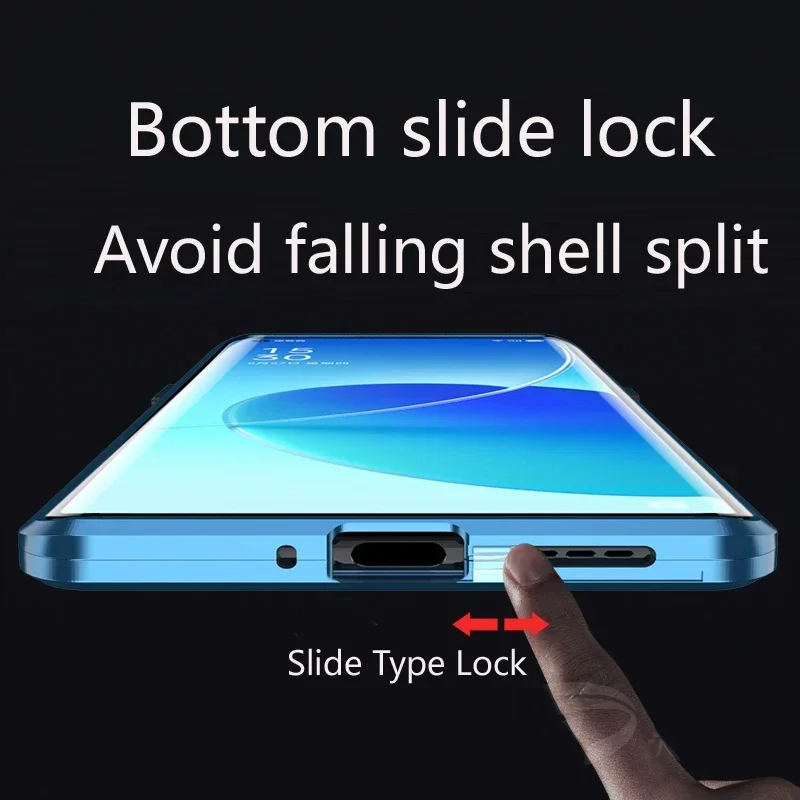 OPPO Reno 12 F 11F 8T 10 Pro Plus 5G용 메탈 마그네틱 양면 강화유리 스냅락 폰 케이스 (풀 렌즈 보호 커버)