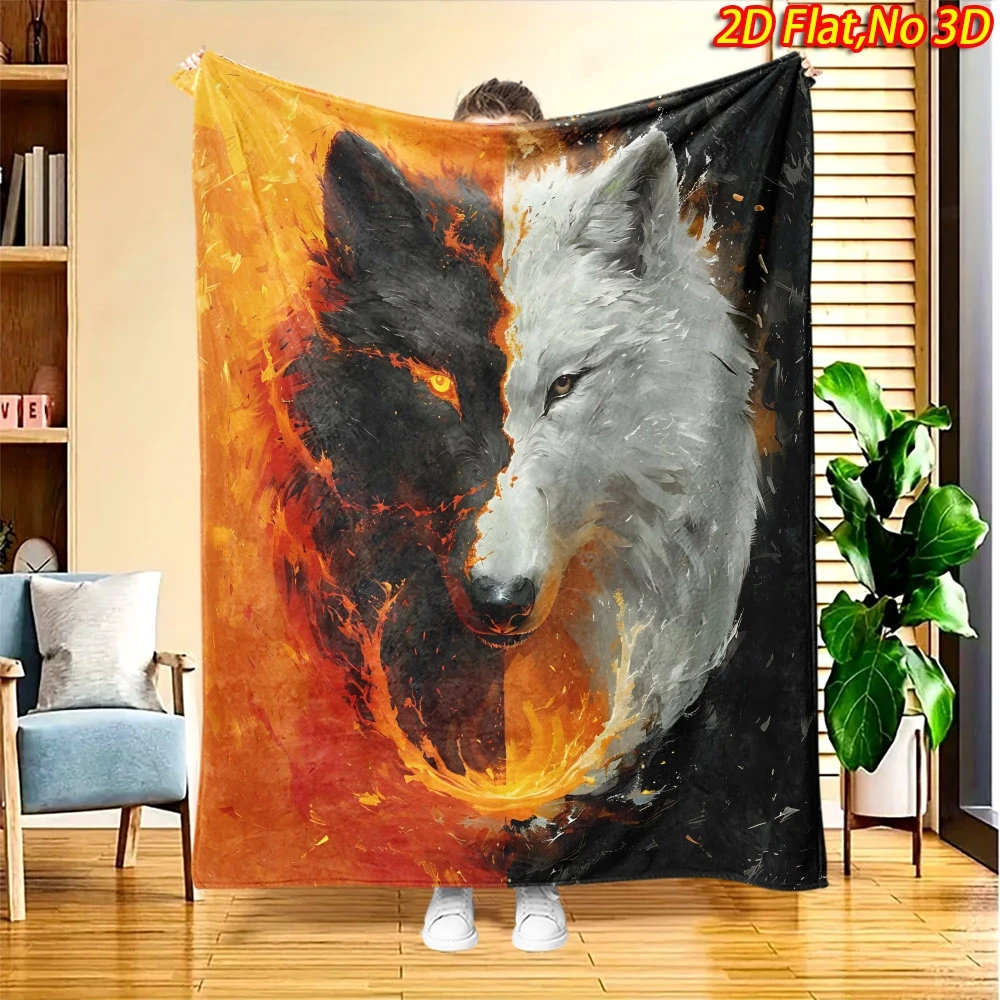 Fire And Ice Split Wolf Head Art Print Flannel Blanket, Soft Warm Bed Blanket for Sofa Bedroom Camping Wildlife Decor Gift