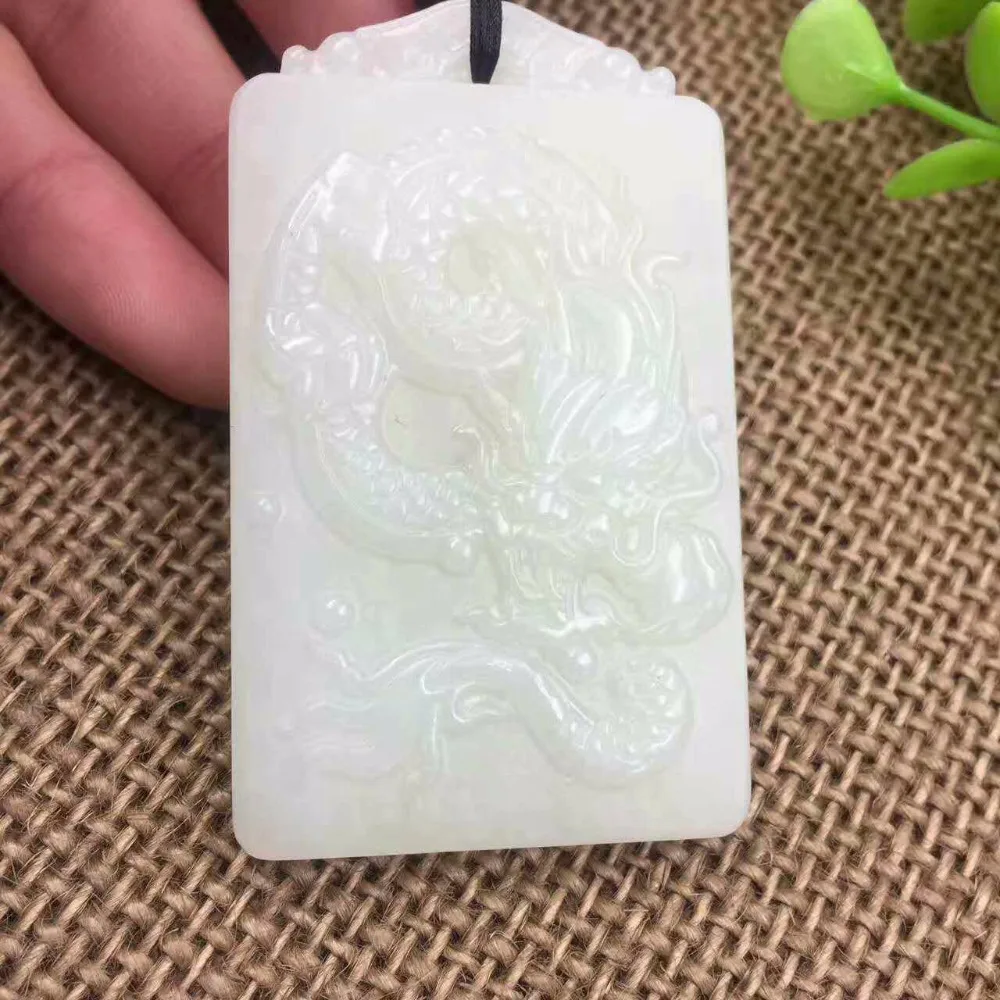 Exquisite Hetian Jade Jixiang Long Card Pendant Retro P0064