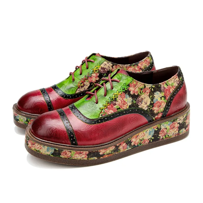 

Office Women Pumps Party Mixed Colors Lace up Genuine leather 5CM Square heel Muffin base Ethnic Retro Women Shoes red