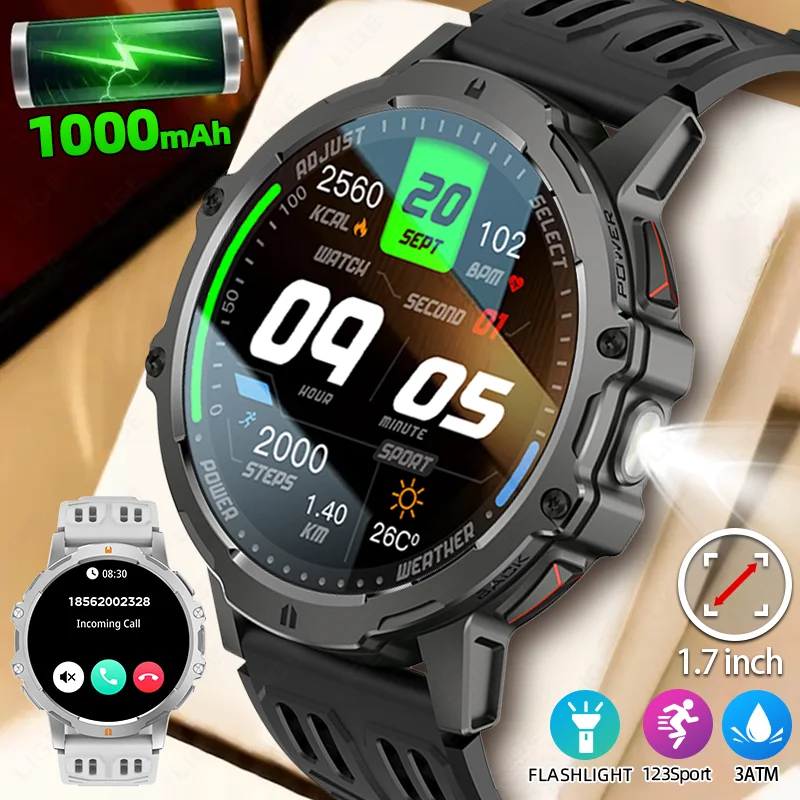 

LIGE 2025 Новые 1000 мАч Смарт-часы Мужские Спортивные Фитнес Светодиодный Фонарик 3ATM Водонепроницаемые 1,7-дюймовые BT Call Smartwatch Для HUAWEI XIAOMI