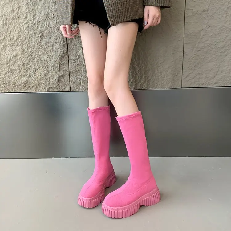 Autumn Winter Women Boots 2024 New Platform Women\'s High Rise Long Boot Comfortable Wedge Ladies Knee Boots Casual Pink Boots