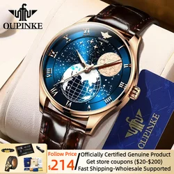 OUPINKE Luxury Men's Mechanical Watch Star Moon Phase Sapphire Waterproof Luminous Leather Business Men Automatic Wirstwatches