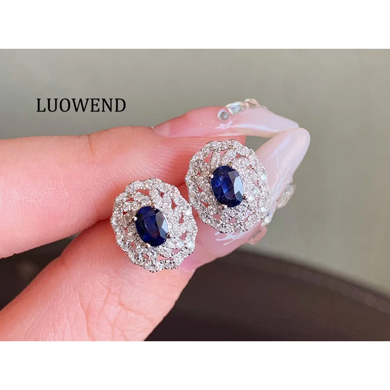 

LUOWEND 100% 18K White Gold Earrings Luxury Design Shiny Diamond Natural Sapphire Stud Earrings for Women High Gemstone Jewelry