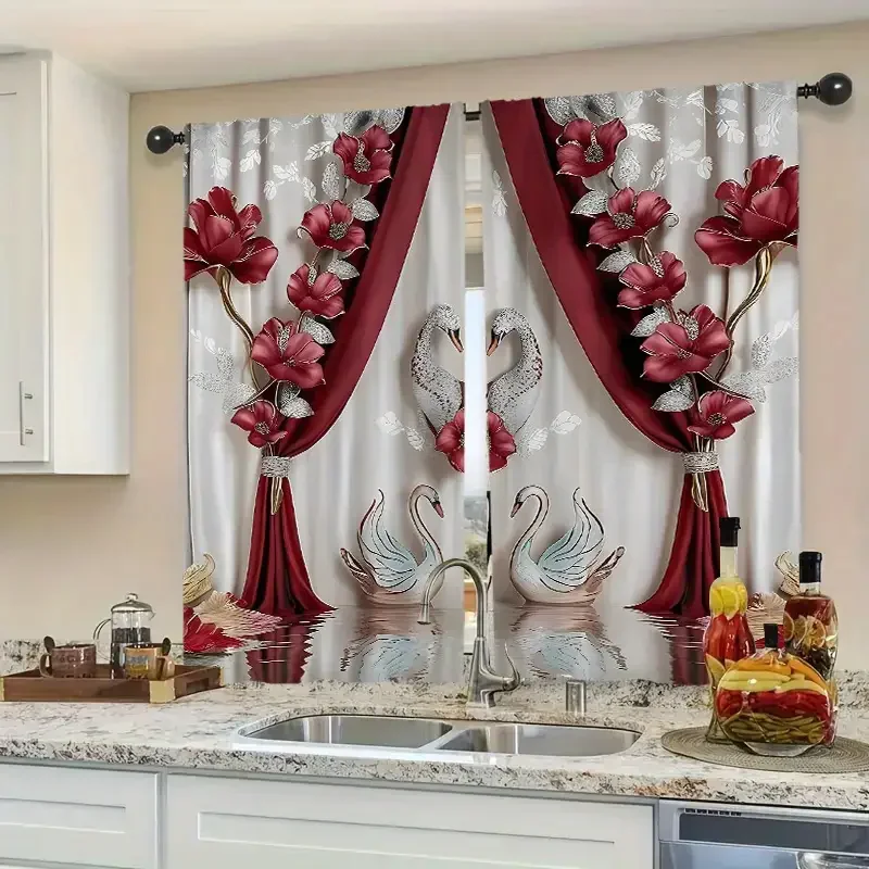 Elegant swan red and white floral printed curtains, suitable for bedroom and living room home decoration