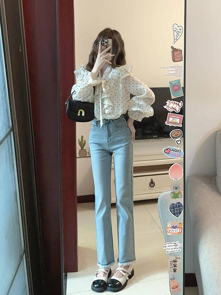 

Ele Long Sve Women's irt Bow Tie Blouse Sweet Lace Trim Loose Korean Sle Breathable Comfortable Daily Wear