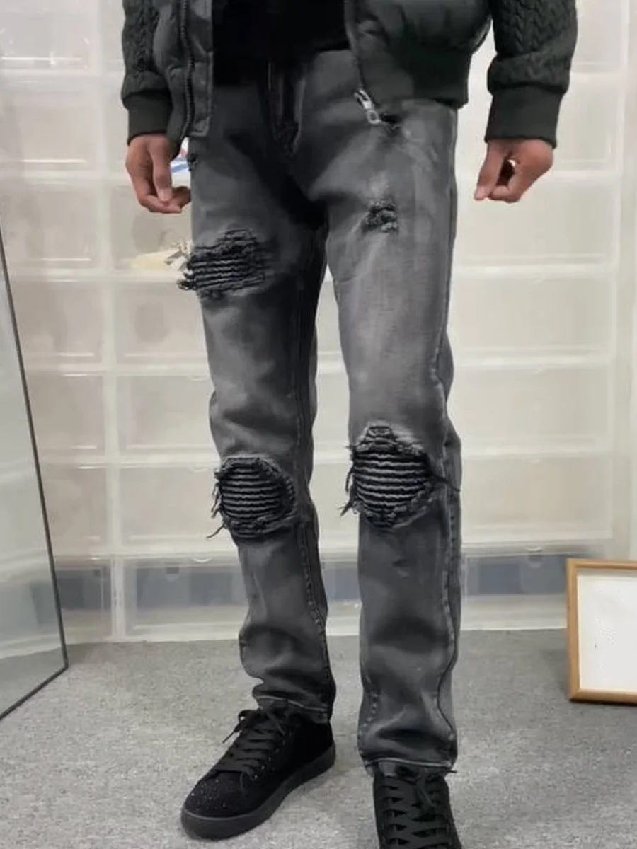 

Retro Waed Bla Patchwork Straight Leg Slimming Jeans Men's High Street Fake Two-Piece Long Trousers Casual Wear