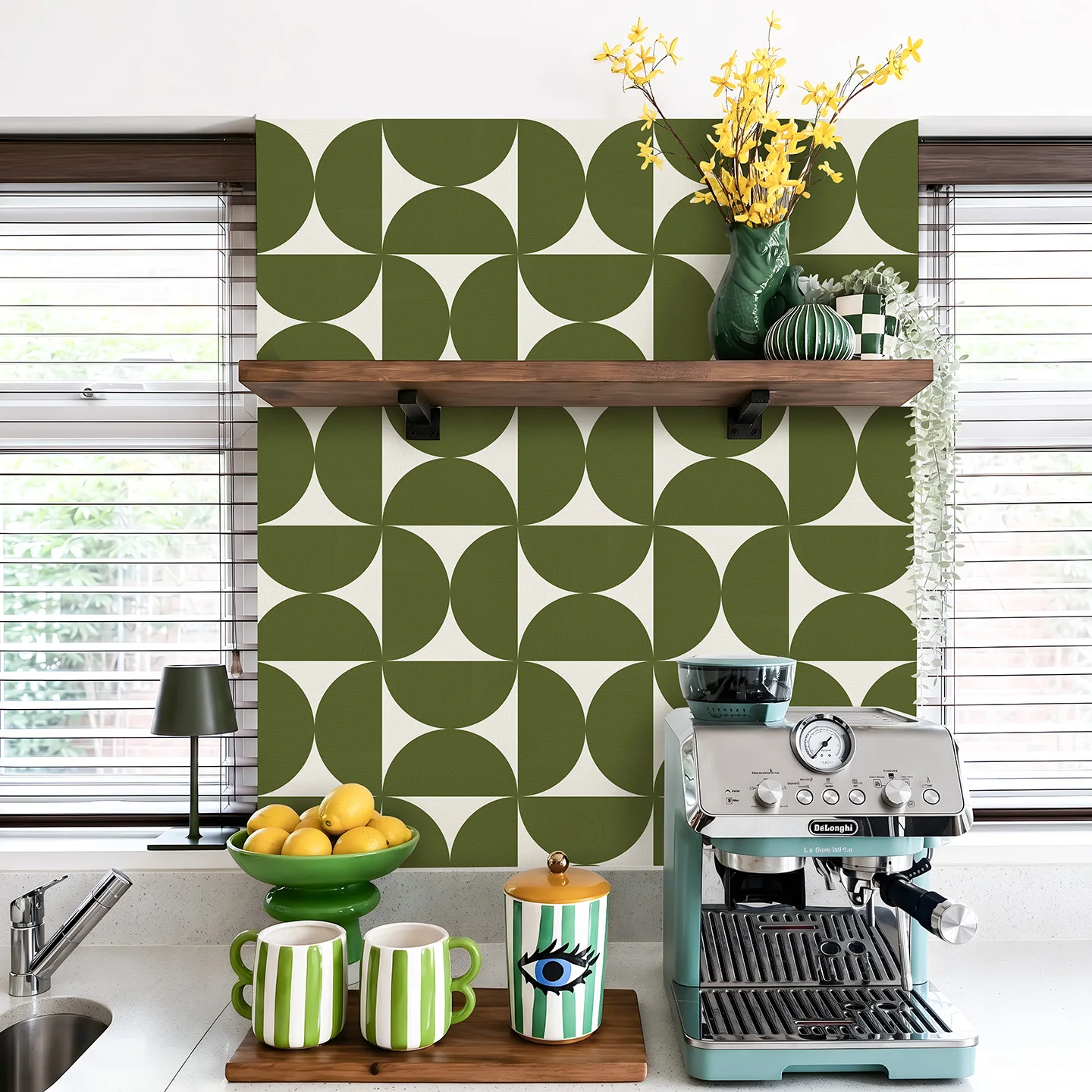 Mid Century Modern Olive Green Tile Stickers Geometric Peel and Stick Backsplash,   Self Adhesive Stick on Tiles for Kitchen
