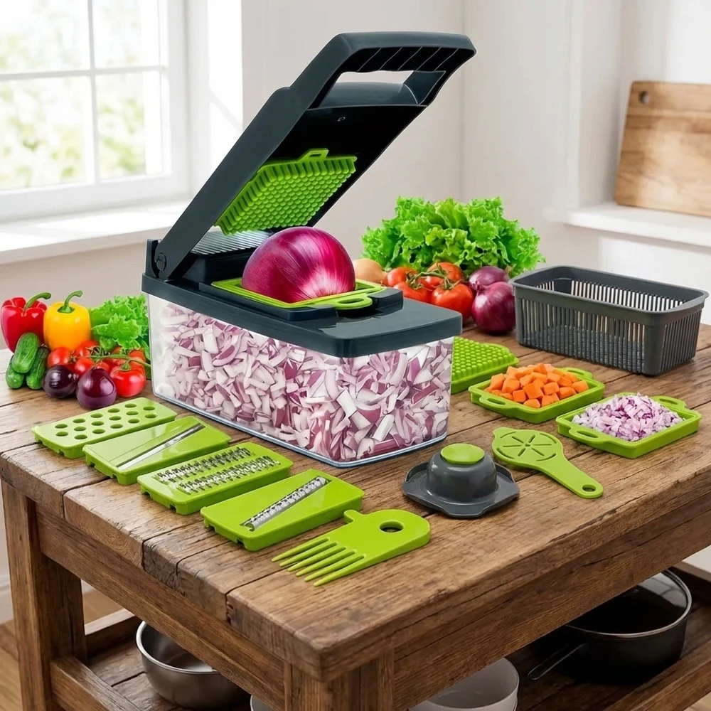 14-in-1 Multifunctional Vegetable Chopper Onion Slicer Dicer with Container Food Grate Cutter Manual Veggie Chopper for Kitchen