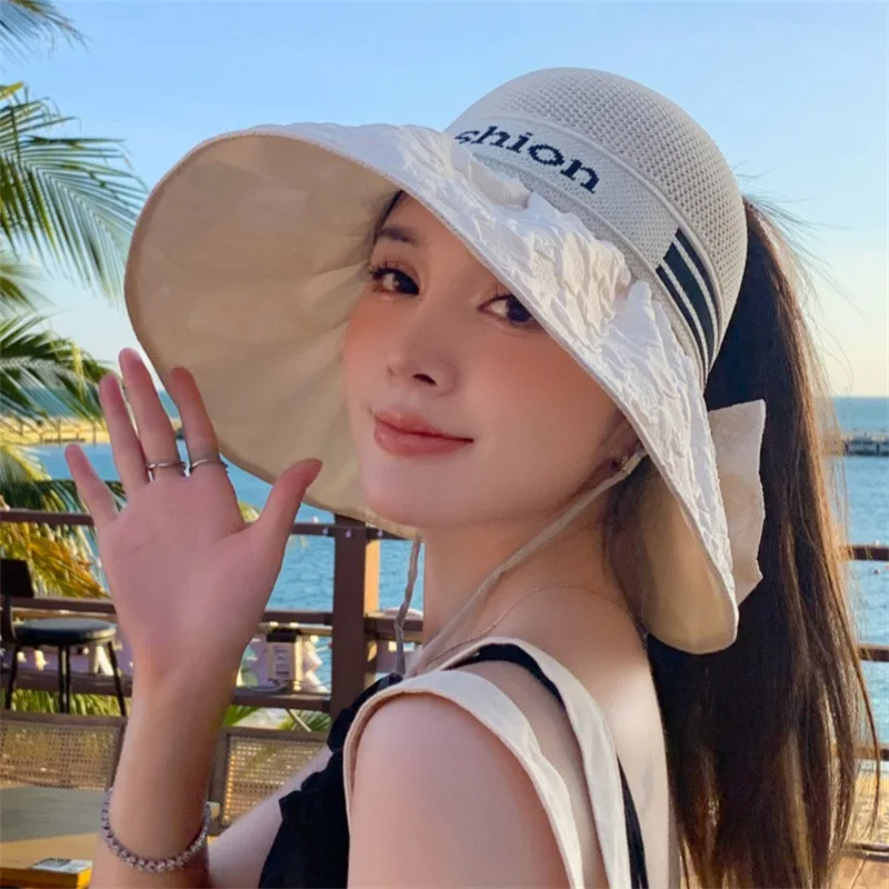 Кепка Summer Sun Hats Large Brim Neck Protection Shading Hat Bow with Big Brim Seaside Black Glue Breathable Bucket Hat Sun Hat