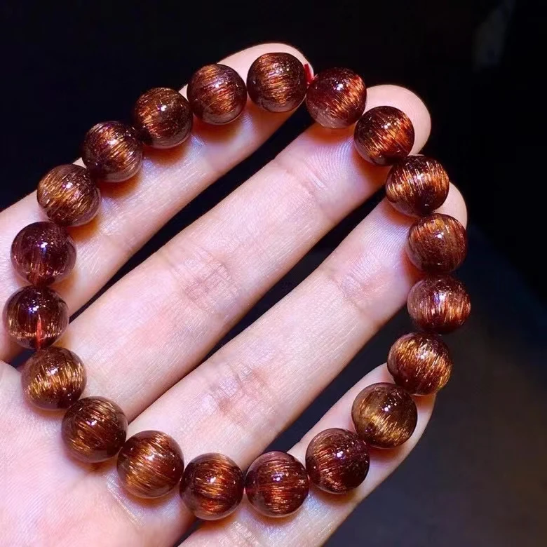 Natural Copper Rutilated Quartz Bracelet Brazil 9.5mm Rutilated Clear Round Beads Women Men Cat Eye Wealthy AAAAAAA