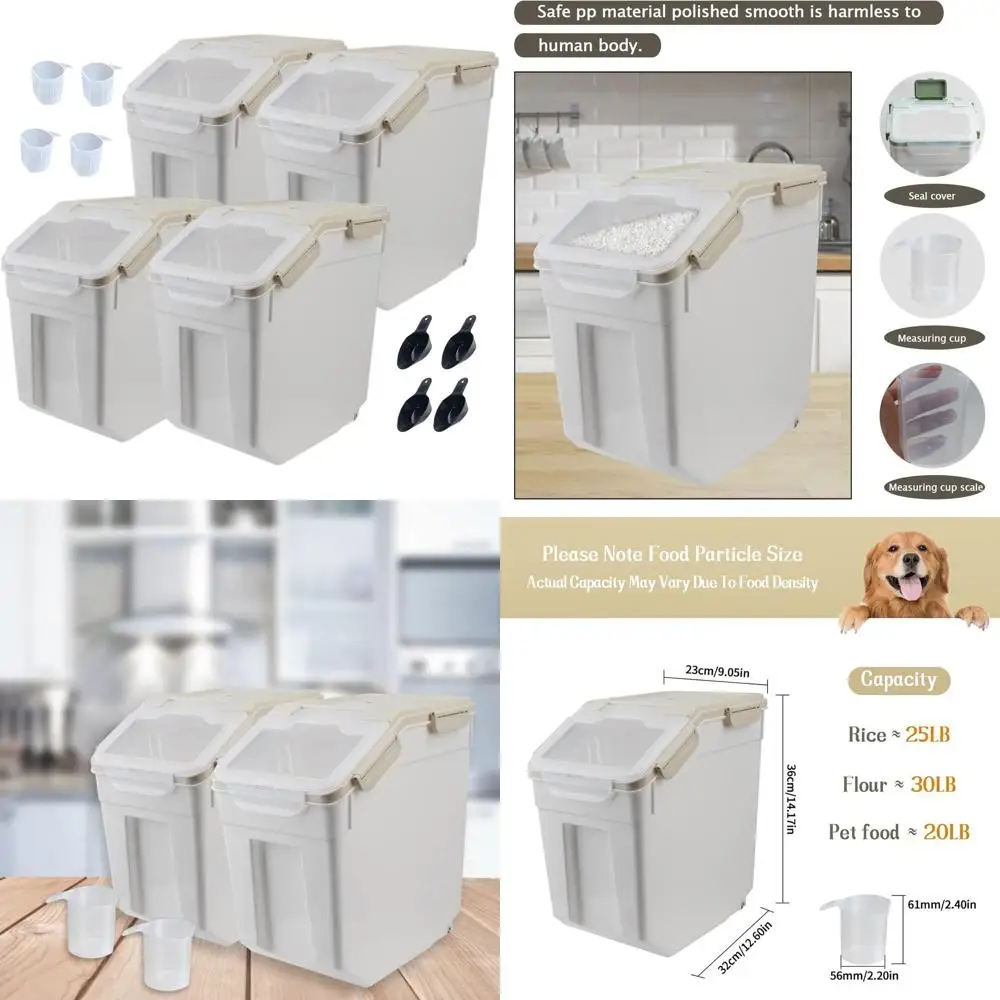 

4 упаковки герметичных больших контейнеров для хранения муки с колесами, запирающейся крышкой, диспенсером, мерным стаканом и сожкой, вмещает 100 фунтов, серый