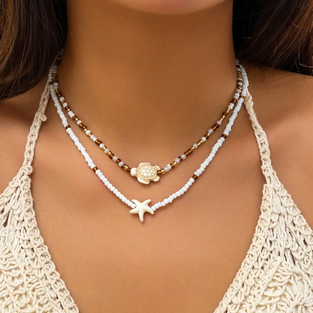 Bilayer Conch Shell Necklace Vintage Boho Style Shell Sea Turtle Beach Choker Handmade Pearl Bohemia Beads Chain Choker Summer