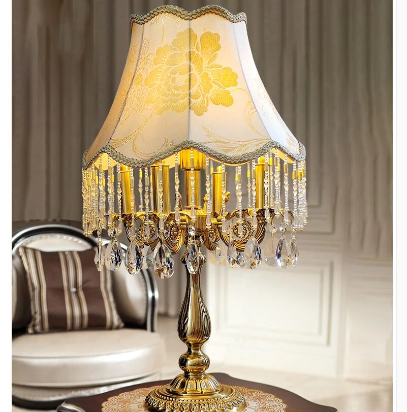 European Classic Copper Crystal Table Lamp Copper Decoration Crystal Desk Lamp D36cm H62cm LED Bedroom Bedside Light Night Light