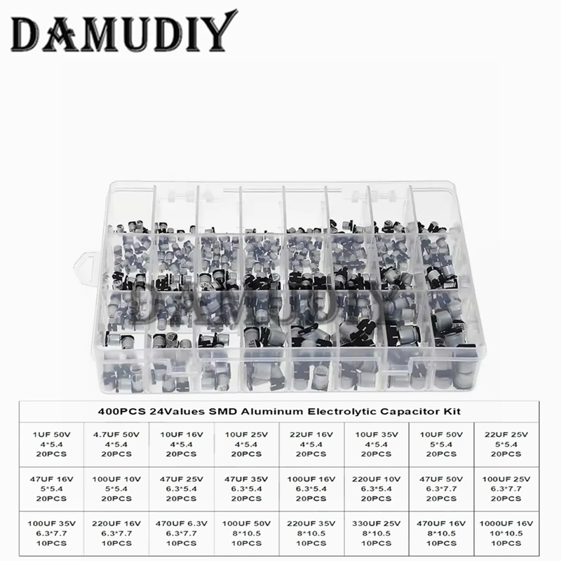 

400pcs/Lot SMD Aluminum Electrolytic Capacitor Assortment Kit 24Values 1UF-1000UF 6.3V-50V Capacitance Sample Set with box