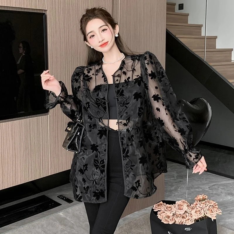 New Chinese Style Buckle Top Long Sleeve Shirt Tangsuits Coat Women's New Temperament Mesh Loose Sunscreen Black Cardigan Shirt