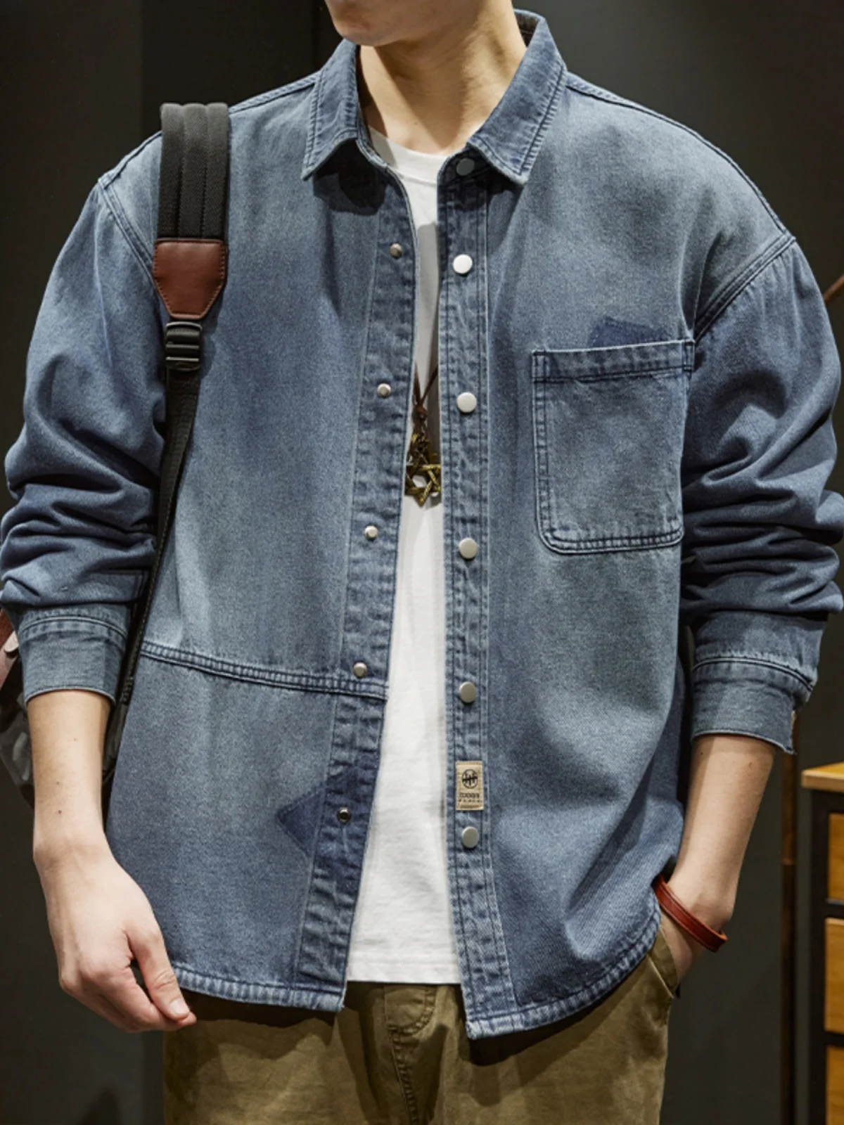 

Loose American Sle Men's Denim irt Long Sve Trendy Brand Casual Cool Jaet Japanese Sle Haome Youth Faion