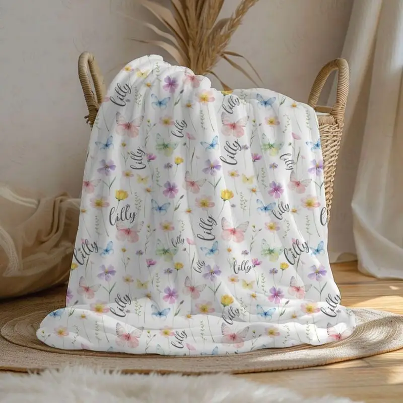 VIKAMA Weiche Plüsch-Flanelldecke mit Wildblumen- und Schmetterlingsdruck, vielseitig einsetzbar, für den Innen- und Außenbereich, Heimdekoration, für alle Jahreszeiten