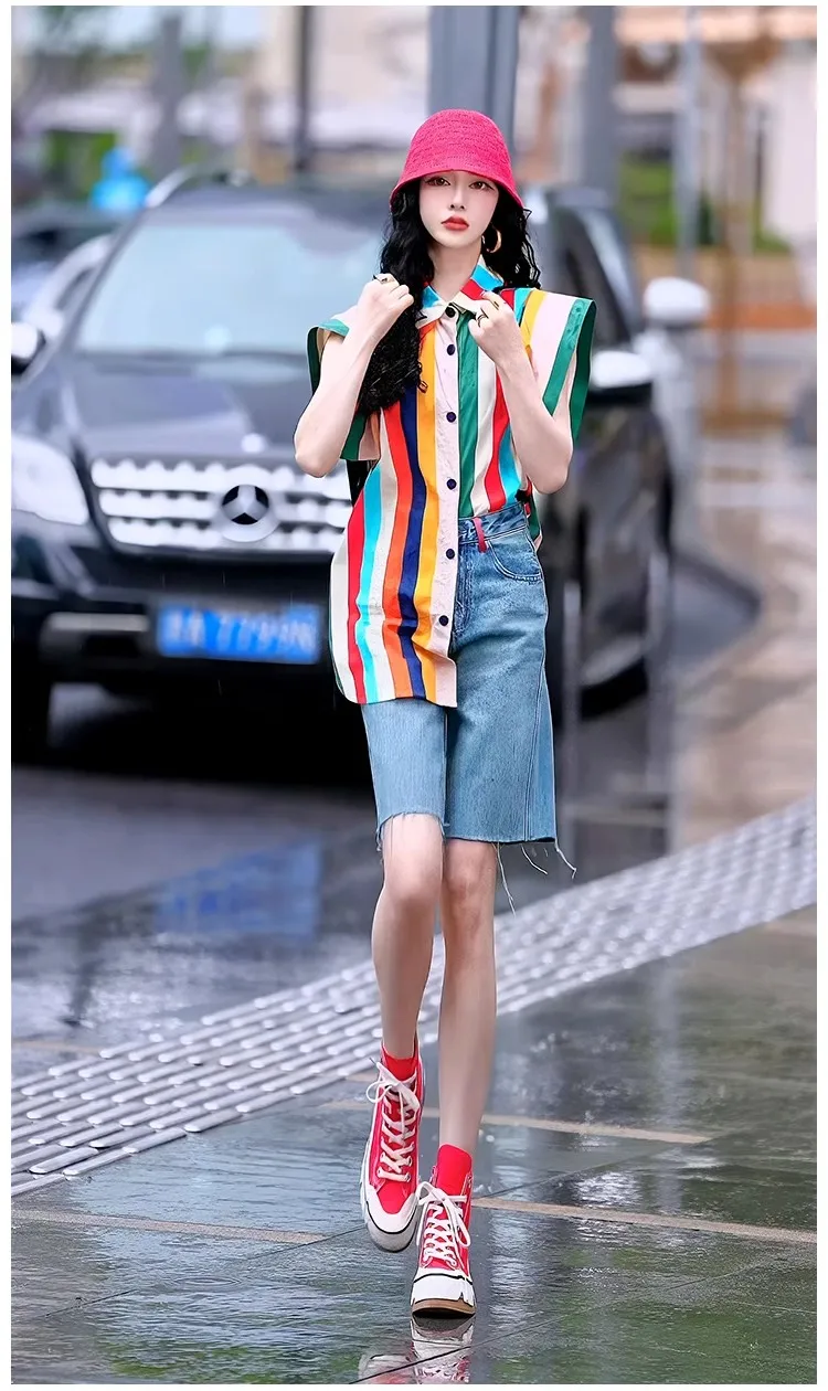 Women Casual Shirts Fly Sleeveless Blouses Colorful Stripped Print Woman Shirts Young Ladies Designer Blouses Street Tops NZ293