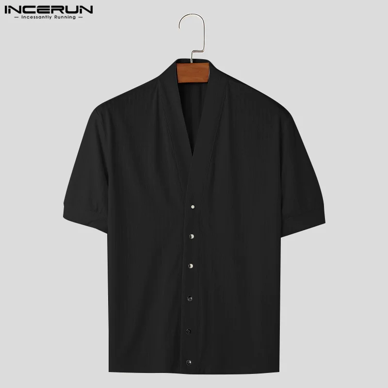 INCERUN Men T Shirt Solid V Neck Short Sleeve Button Casual Men Clothing Streetwear Summer Korean 2024 Stylish Tee Tops S-5XL