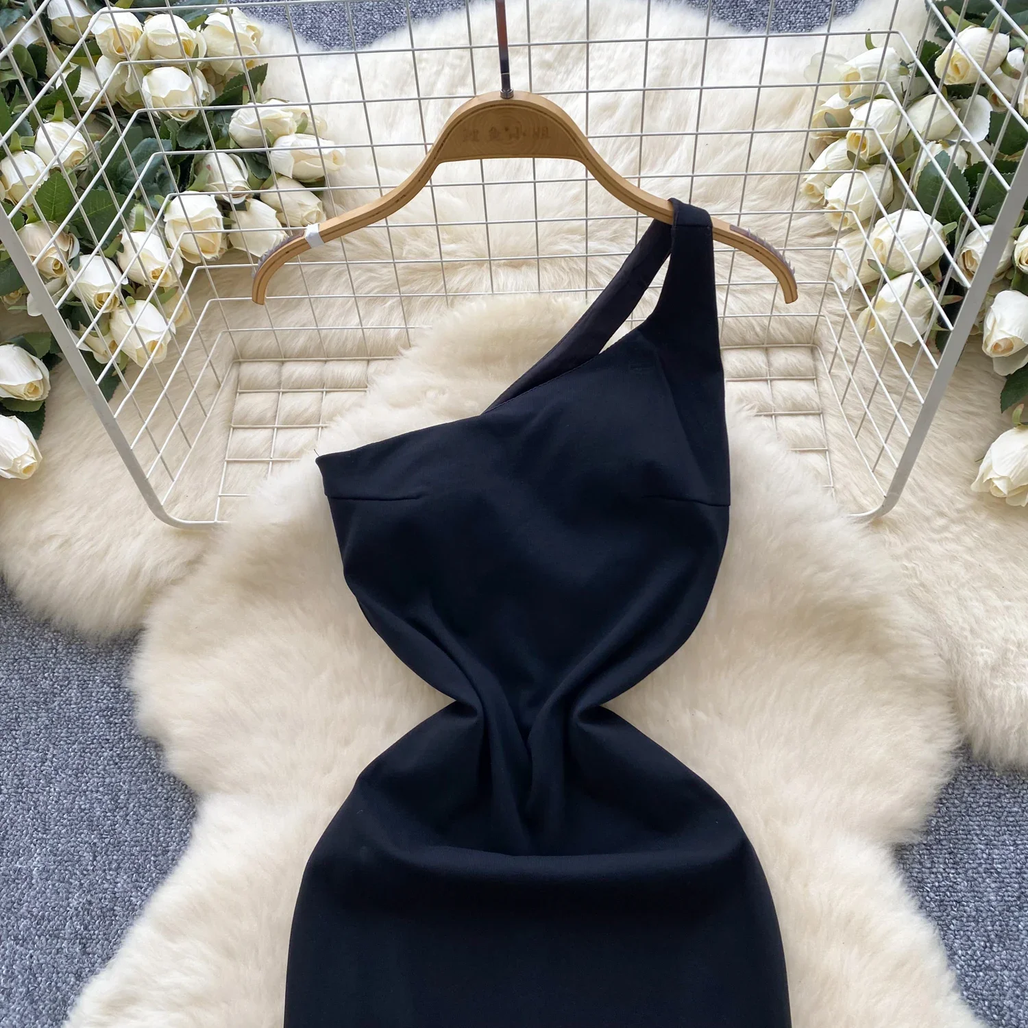Sexy Diagonal Collar Vintage Single Strap Elegant Backless Chic Slim Split Dresses French Evening High Street Autumn Clothing