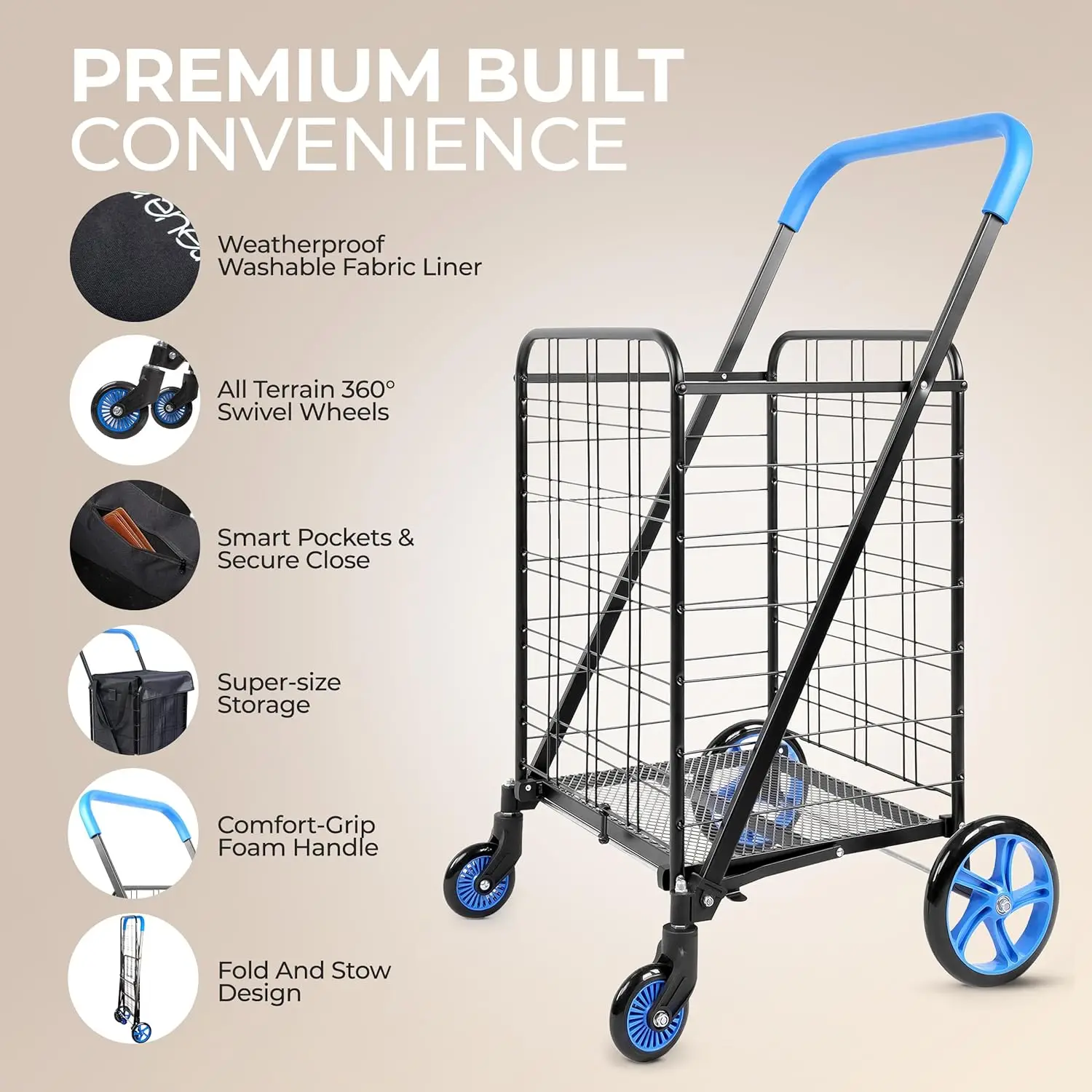 Folding Utility Cart with 360° Swivel Wheels, 110 lb Capacity, Portable & Collapsible for Groceries, Laundry, Luggage (Blue)