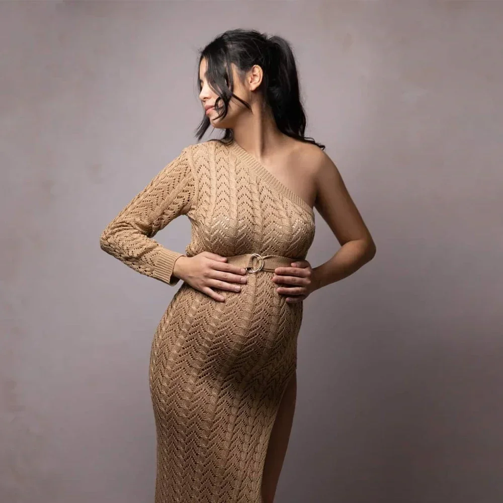 

Off-the-shoulder Knitted Maternity Photo Shoot Long Dresses Hollow Out Lace Pregnancy Photography Dress Sides Slit Stretchy