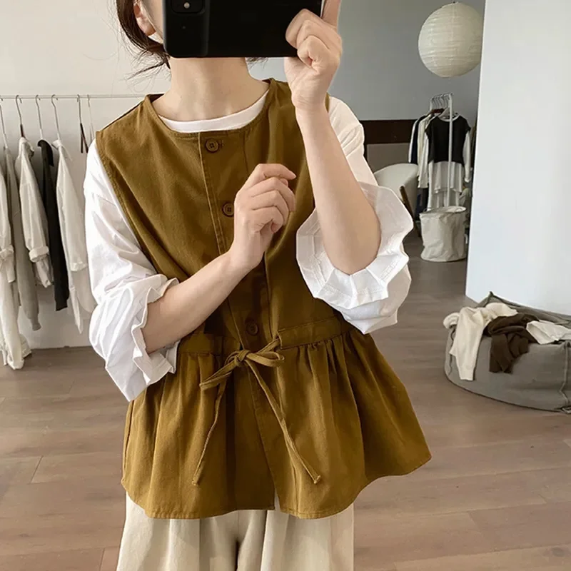 

Корейский женский жилет с круглым вырезом, куртка Design Sense, женский жилет с краями листьев лотоса, топ, весна-осень, женское пальто без рукавов для отдыха