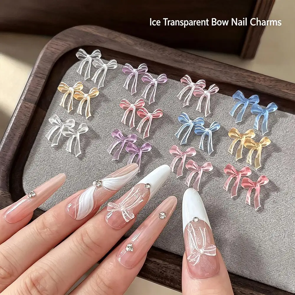 50Pcs 3D Multicolor Long Ribbon Nail Charms Ice Transparent French Bowknot Nails Decoration Colorful Resin Bow Tie Manicure Part
