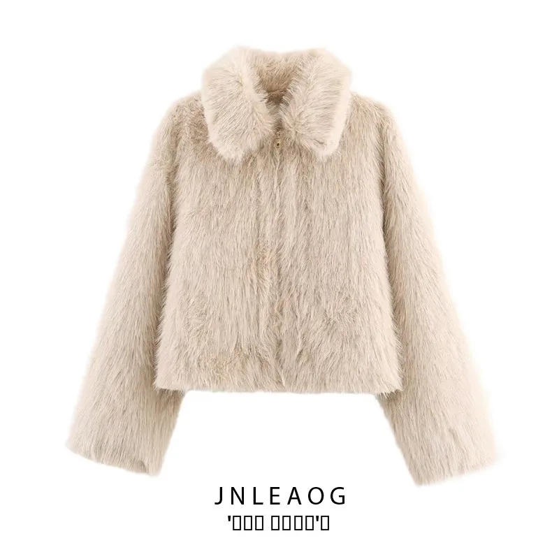 

Faionable ey Brown Faux Fur Effect Jaet Women's ort Outerwear Versatile Autumn New Arrival Polyester Stand Fit Zipper