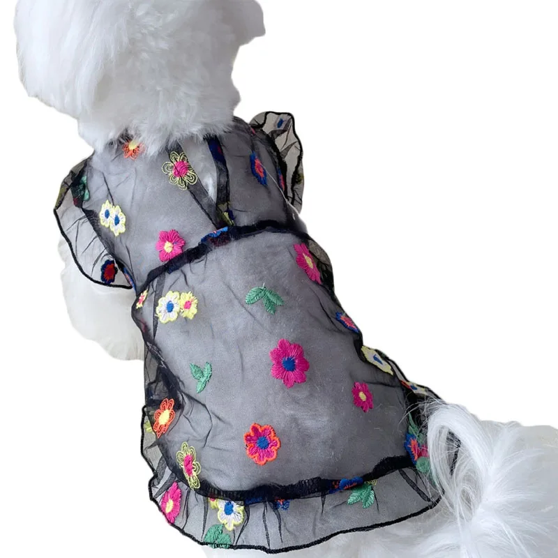 Saia floral bordada, roupas transparentes para cães, vestido de renda transparente, princesa, meninas, roupas para animais de estimação, filhote de cachorro, gatinho, shih tzu, verão