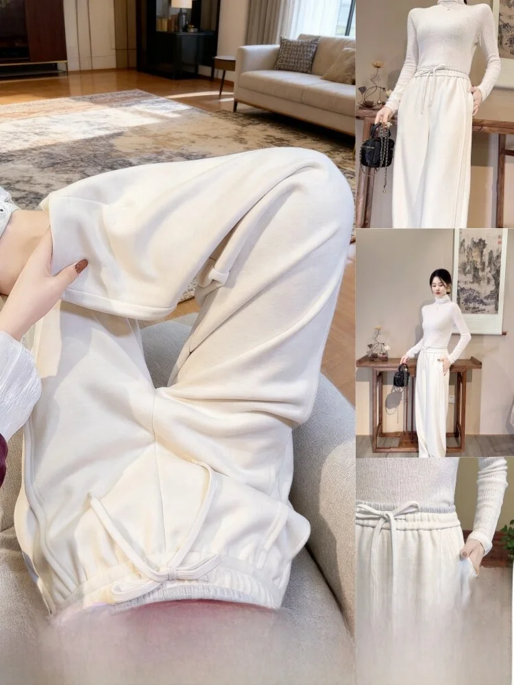 Thickened Wool Wide Leg Pants Women's High Waist Casual Banana Sweatpants Autumn Winter New Style Comfortable Straight Cut Tr...