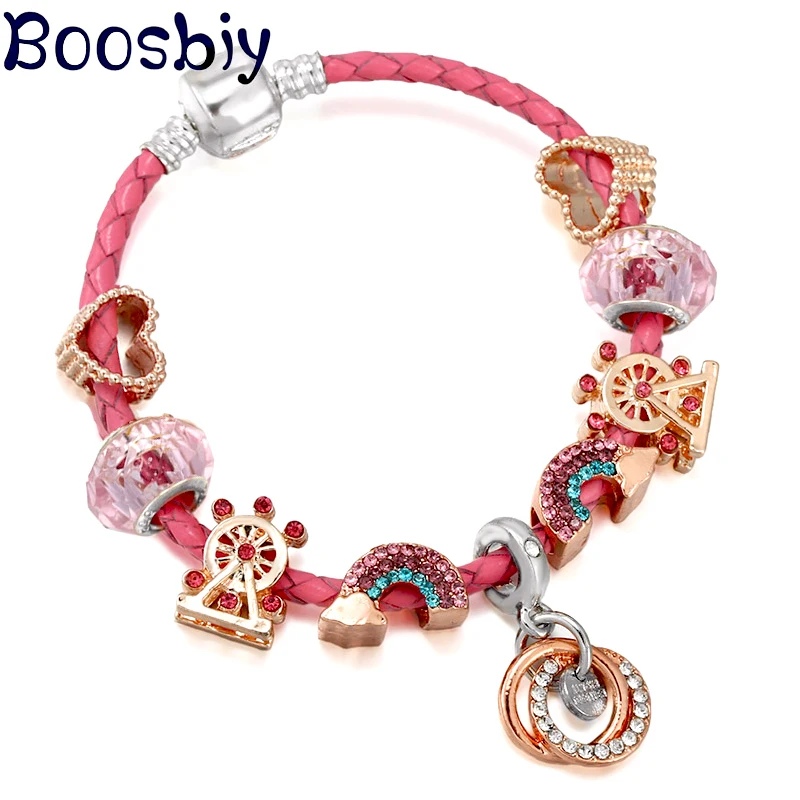 Rainbow& Ferris wheel Beads With Family Eternal Pendant Fit Pink Leather Charm Bracelet DIY Fashion Jewelry Making For Women