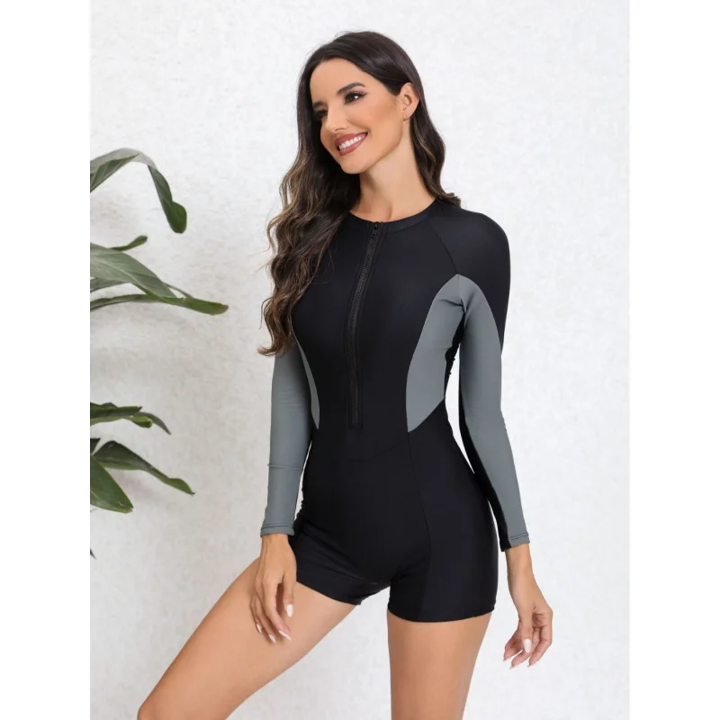 

One-Piece Zipper Sports Swimsuit Women's Long Sleeve Surfing Swimsuit Sun Protection Surfing Suit Boxer Dive Skin Snorkeling Sui