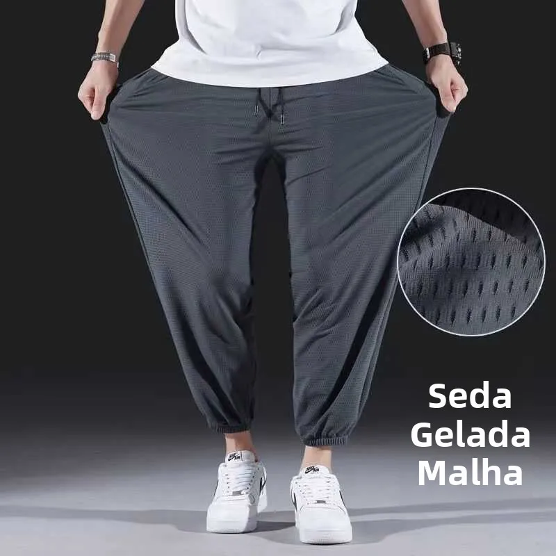 Calças Esportivas Masculinas de Seda Gelada com Malha Respirável, Finas, Soltas, Tamanhos Grandes, Casuais, com Punho Elástic...