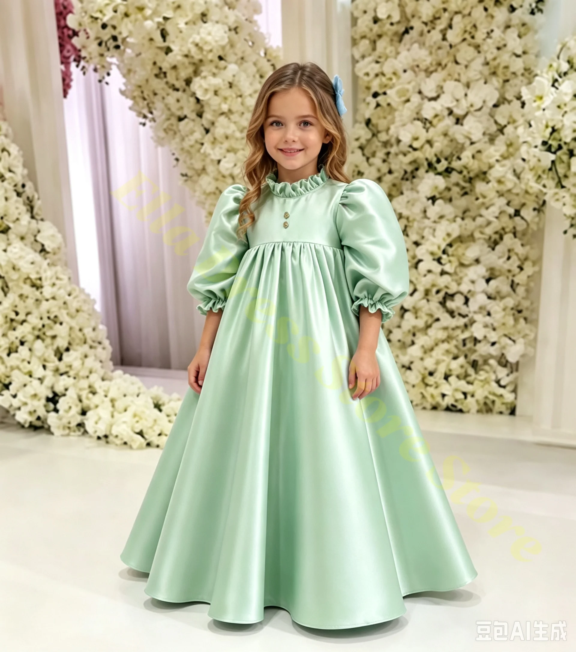 Großhandel Maßgeschneidertes Erstkommunionkleid für Mädchen, Hochgeschnittenes Ballonärmel-Ballkleid aus Satin, Plissiertes Hochzeits-Blumenmädchenkleid nach Maß – Detail 3