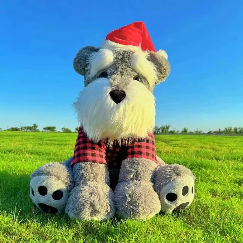 ตุ๊กตาชเนาเซอร์เหมือนจริงพร้อมหมวกซานต้า เสื้อเชิ้ตลายสก๊อต ตุ๊กตาสัตว์นุ่ม ตุ๊กตาขนาดใหญ่ ของขวัญคริสต์มาสสำหรับเด็กและผู้ใหญ่