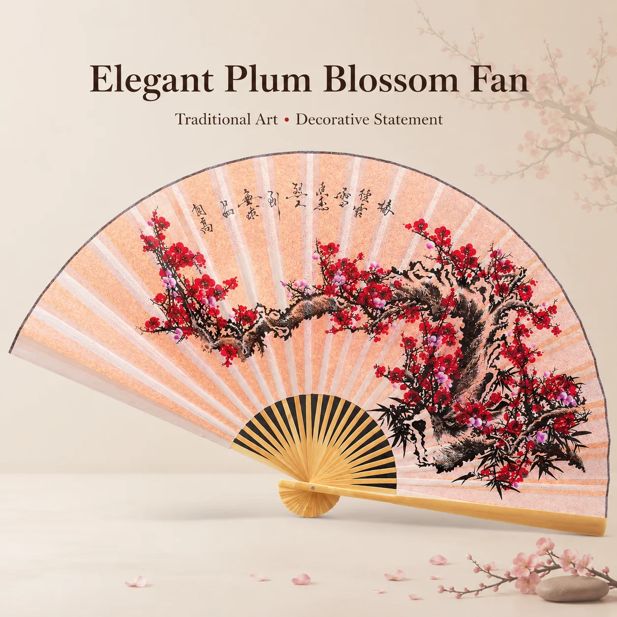 Large Oriental Decorative Wall Fan, Hand‑Painted Plum Blossom Bamboo Hanging Fan, New Chinese Style Home Wall Art Decoration
