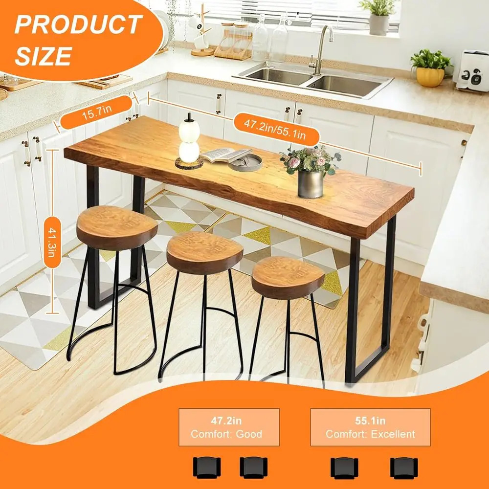 Solid Wood Counter Height Table, Rectangular High Top Pub Table with Metal Frame, Suitable for Bars, Cafes, and Outdoor Spaces (