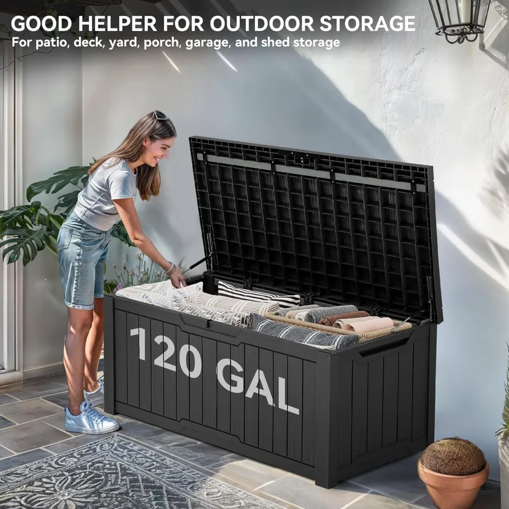 

Outdoor storage box, 120 gallon waterproof deck box, used for garden tools, terrace mats, and swimming pool accessories