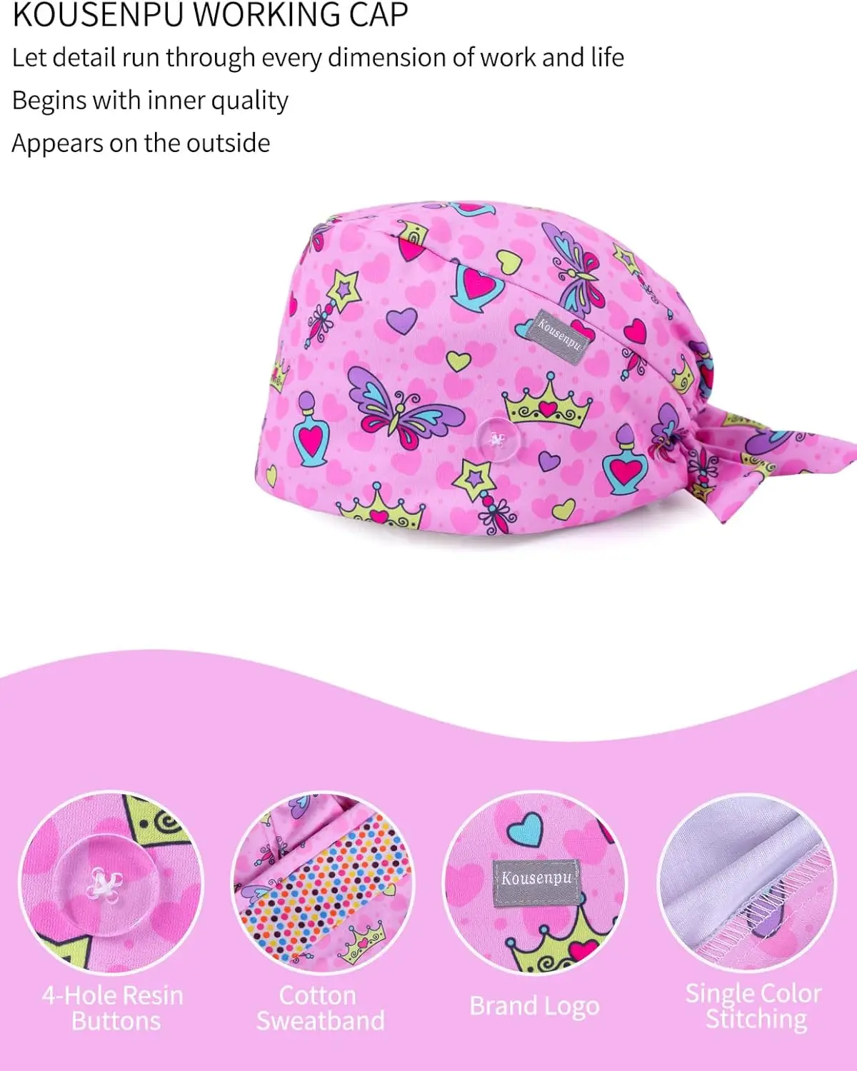 Scrub Caps for Women Adjustable with Buttons - Breathable & Stylish Surgical Hats for Nurses, Doctors, Medical Professionals