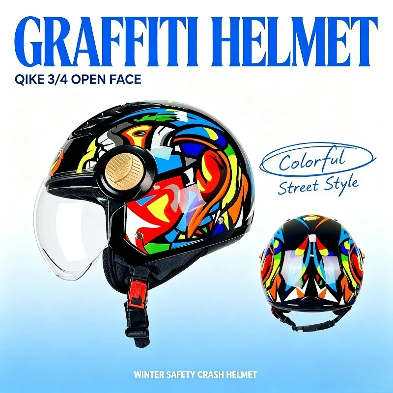 

QIKE Street Fashion 3/4 Motorcycle Helmet Bold Colorful Graffiti Pattern Half Helmet Windproof Anti-Collision Scooter Crash