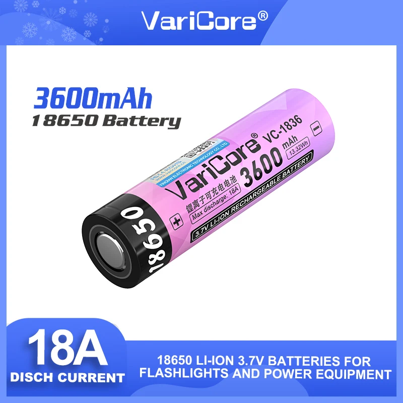 VariCore VC-1836 3.7V Li-Ion 18650 Baterai Lithium 3600MAh Baterai Isi Ulang 18A Saluran Tinggi untuk Lampu Senter Vaping