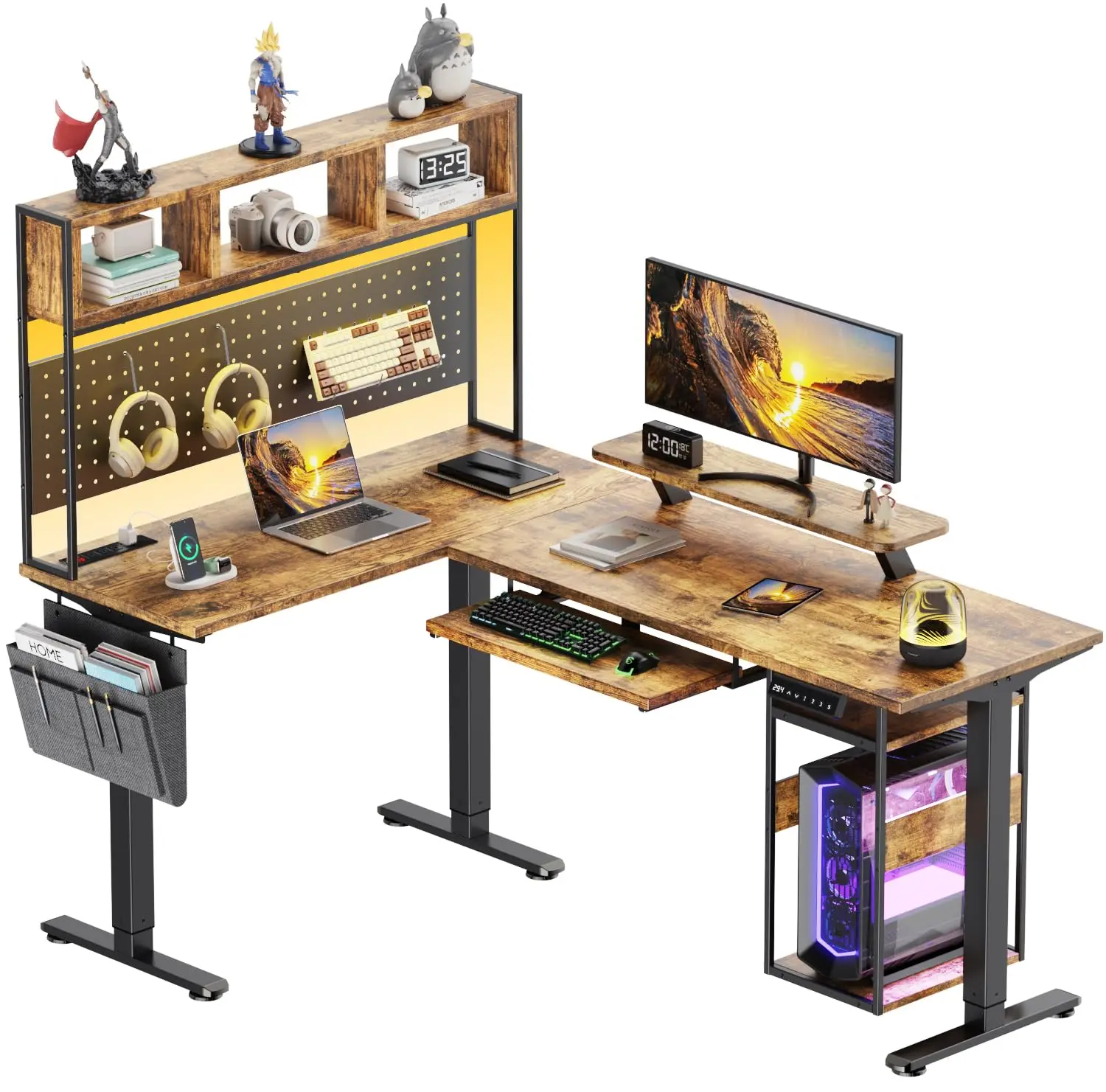 L Shaped Electric Standing Desk 67x47 Inch Corner Desk with Shelf LED Lights Power Outlet Dual Motor Storage Brown, Customized