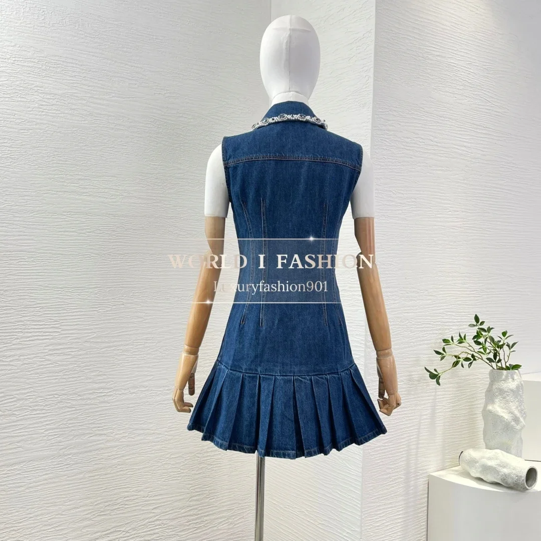 2025 New Beautiful Blue Jeans Denim Sleeveless Diamonds Pleat Hem Mini Dress