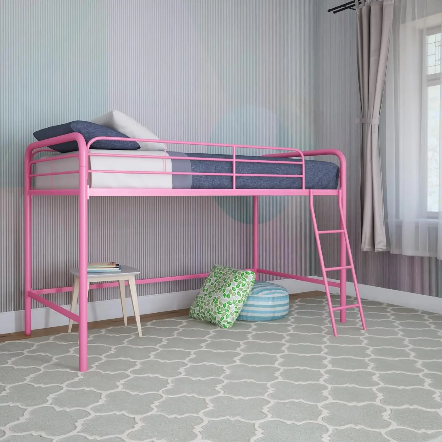 Modern Metal Twin/Full Size Metal Loft Bed,Heavy Duty Bed Frame,Sturdy and Durable,Space Saving,Pink/White/Silver/Black