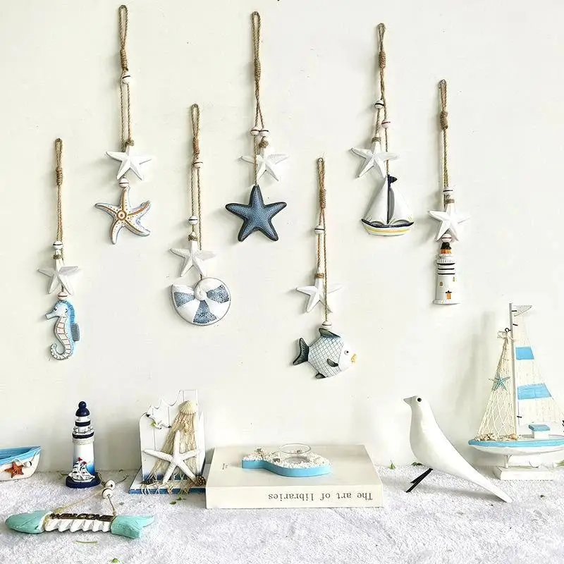 Mediterranean Style Wooden Ocean Animal With Jute Rope Wall Pendants Home Decoration For Nautical Themed Eco-Friendly Ornament