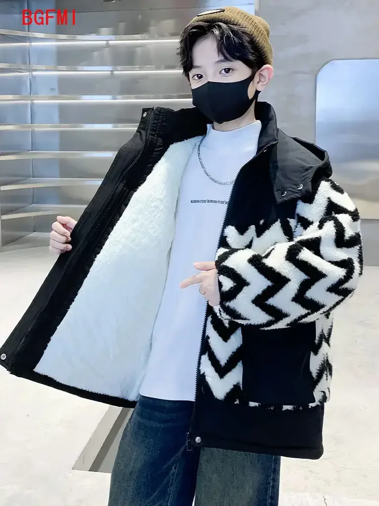 Childrens Clothing Boys Fleece Jacket Autumn Winter 2026 New Boys Thick Patchwork Parka Jacket Baby Winter Trendy Style Kids Top